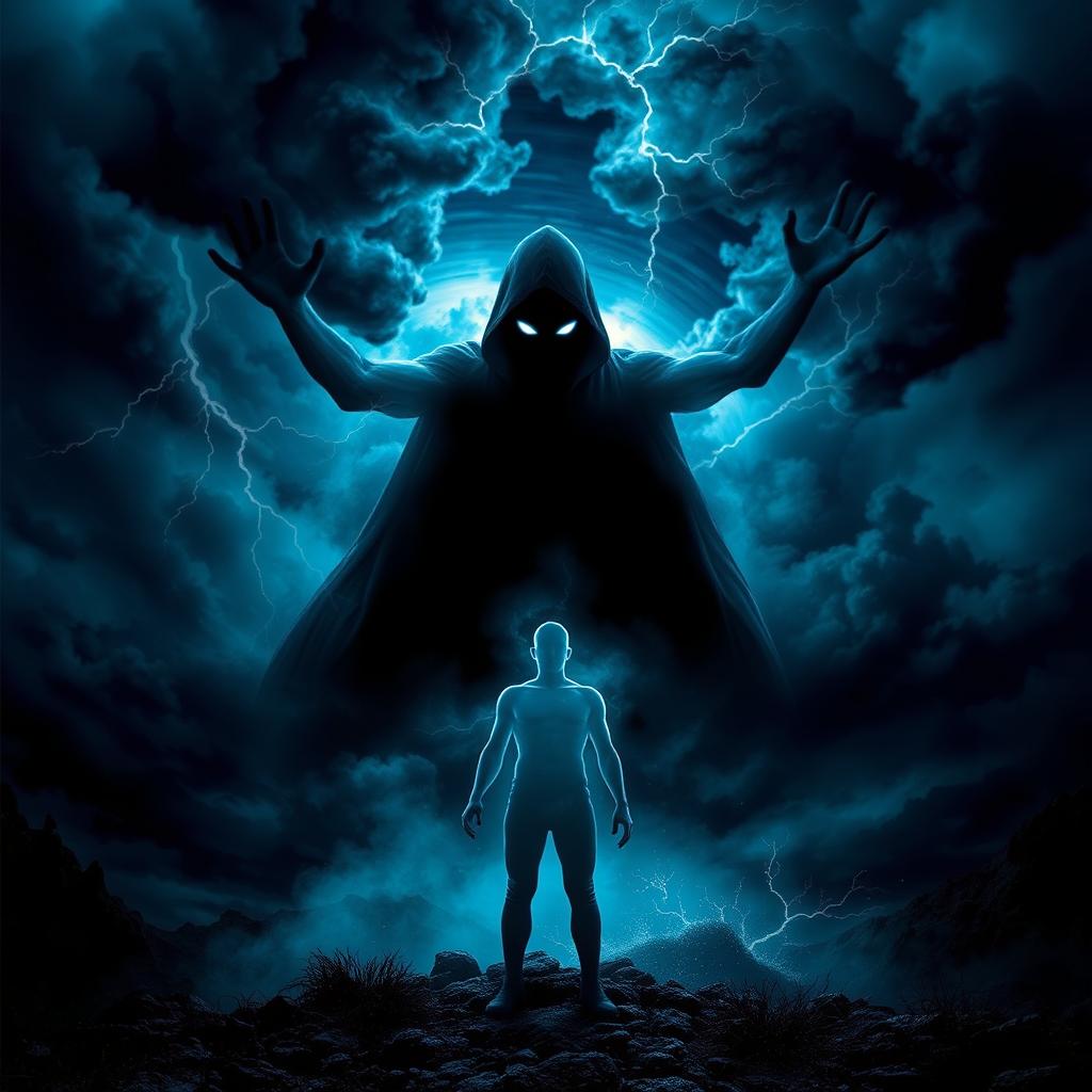 A dramatic representation of the theme "The Darkness Within: A Battle for Control" in A5 size, depicting a shadowy figure symbolizing internal struggle emerging from a turbulent storm of emotions