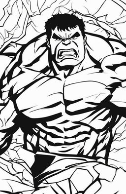 A high-quality, black and white coloring page featuring an outline of the Marvel character, the Hulk