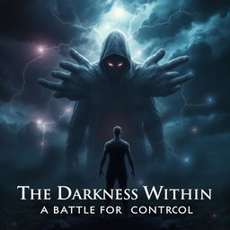 A dramatic representation of the theme "The Darkness Within: A Battle for Control" in A5 size, depicting a shadowy figure symbolizing internal struggle emerging from a turbulent storm of emotions