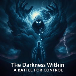 A dramatic representation of the theme "The Darkness Within: A Battle for Control" in A5 size, depicting a shadowy figure symbolizing internal struggle emerging from a turbulent storm of emotions