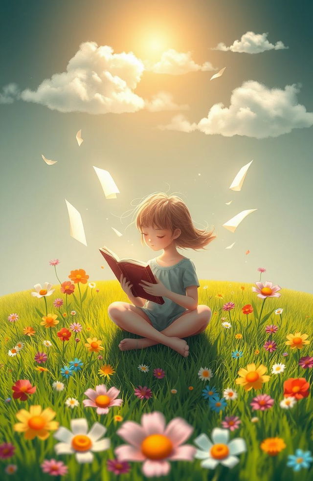 A serene and whimsical scene depicting a dreamy figure lost in a book, surrounded by floating pages that shimmer with ethereal light