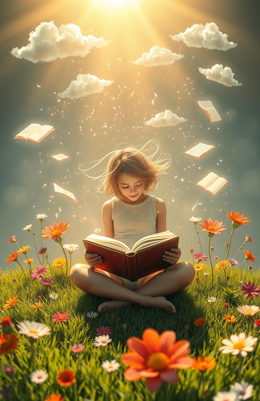 A serene and whimsical scene depicting a dreamy figure lost in a book, surrounded by floating pages that shimmer with ethereal light