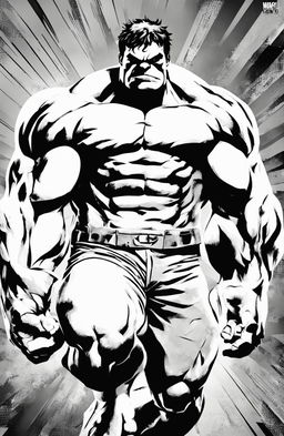 A high-quality, black and white coloring page featuring an outline of the Marvel character, the Hulk