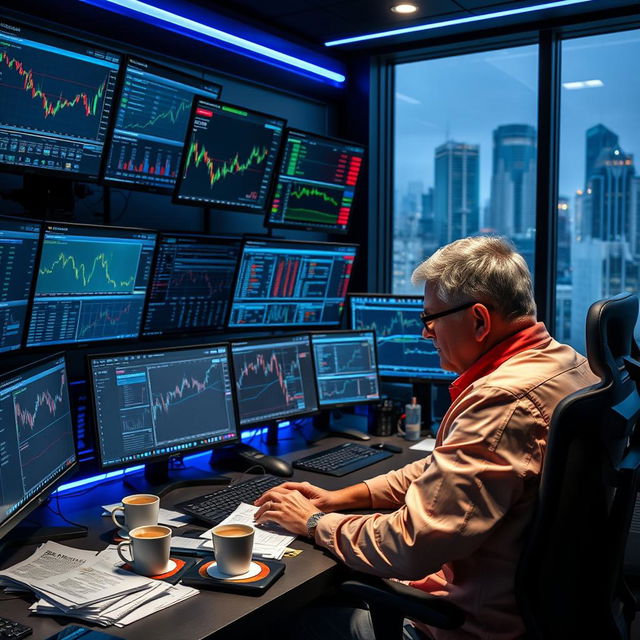 A dynamic and energetic scene of a trader working in a high-tech office filled with multiple computer screens, each displaying various stock charts, financial news, and trading platforms