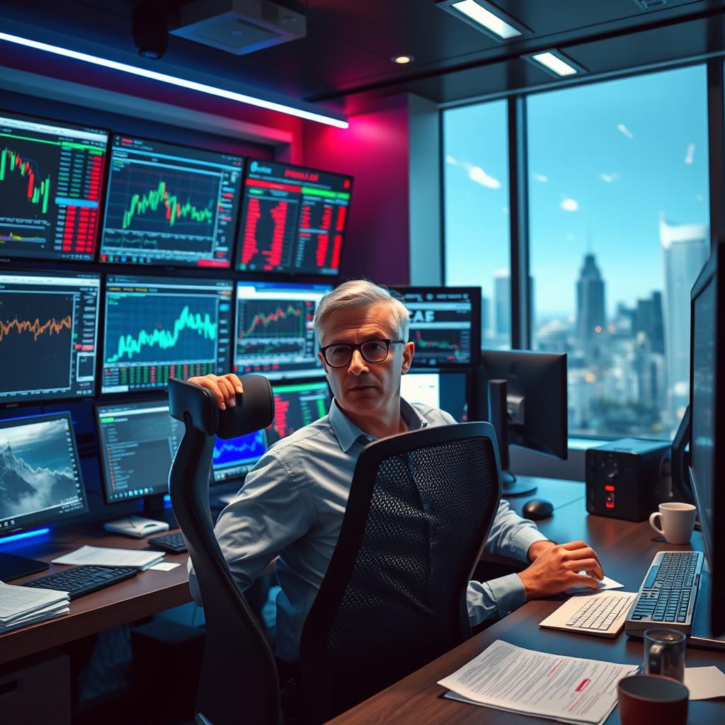 A dynamic and energetic scene of a trader working in a high-tech office filled with multiple computer screens, each displaying various stock charts, financial news, and trading platforms