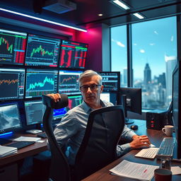 A dynamic and energetic scene of a trader working in a high-tech office filled with multiple computer screens, each displaying various stock charts, financial news, and trading platforms