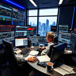 A dynamic and energetic scene of a trader working in a high-tech office filled with multiple computer screens, each displaying various stock charts, financial news, and trading platforms