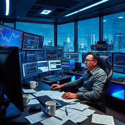 A dynamic and energetic scene of a trader working in a high-tech office filled with multiple computer screens, each displaying various stock charts, financial news, and trading platforms