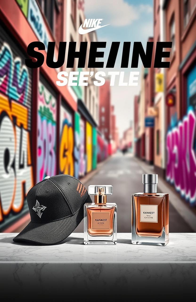 A modern and stylish advertisement featuring a trendy sneaker, a fashionable cap, and a luxurious perfume bottle