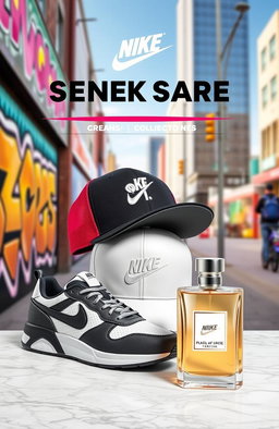 A modern and stylish advertisement featuring a trendy sneaker, a fashionable cap, and a luxurious perfume bottle