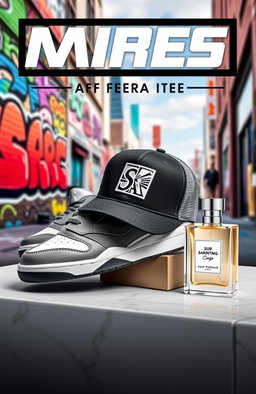 A modern and stylish advertisement featuring a trendy sneaker, a fashionable cap, and a luxurious perfume bottle