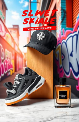 A modern and stylish advertisement featuring a trendy sneaker, a fashionable cap, and a luxurious perfume bottle