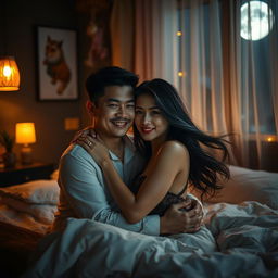 A romantic scene in a cozy bedroom at night, featuring a Chinese man with gentle features and a warm smile, embracing a beautiful, attractive woman with flowing dark hair and a confident demeanor