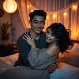 A romantic scene in a cozy bedroom at night, featuring a Chinese man with gentle features and a warm smile, embracing a beautiful, attractive woman with flowing dark hair and a confident demeanor