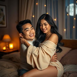 A romantic scene in a cozy bedroom at night, featuring a Chinese man with gentle features and a warm smile, embracing a beautiful, attractive woman with flowing dark hair and a confident demeanor