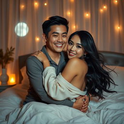 A romantic scene in a cozy bedroom at night, featuring a Chinese man with gentle features and a warm smile, embracing a beautiful, attractive woman with flowing dark hair and a confident demeanor