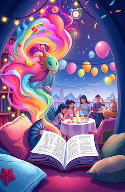 A vibrant and whimsical illustration that embodies the themes of reading, dreaming, and celebration