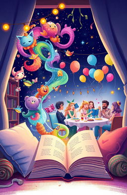 A vibrant and whimsical illustration that embodies the themes of reading, dreaming, and celebration