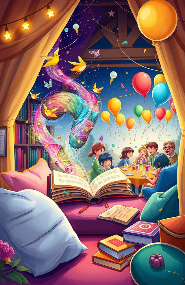 A vibrant and whimsical illustration that embodies the themes of reading, dreaming, and celebration