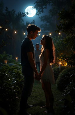 A thrilling scene depicting a teenage love story intertwined with a murder mystery, featuring two young adults deeply in love, standing in a moonlit garden surrounded by lush greenery