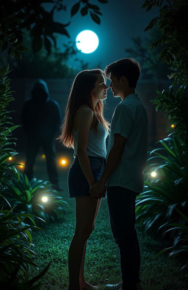 A thrilling scene depicting a teenage love story intertwined with a murder mystery, featuring two young adults deeply in love, standing in a moonlit garden surrounded by lush greenery