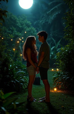 A thrilling scene depicting a teenage love story intertwined with a murder mystery, featuring two young adults deeply in love, standing in a moonlit garden surrounded by lush greenery