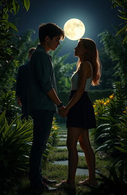 A thrilling scene depicting a teenage love story intertwined with a murder mystery, featuring two young adults deeply in love, standing in a moonlit garden surrounded by lush greenery