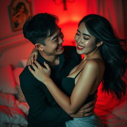A romantic scene set in a cozy bedroom at night, featuring a Chinese man with gentle features and a warm smile, embracing a beautiful and attractive woman with flowing dark hair