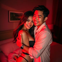 A romantic scene set in a cozy bedroom at night, featuring a Chinese man with gentle features and a warm smile, embracing a beautiful and attractive woman with flowing dark hair