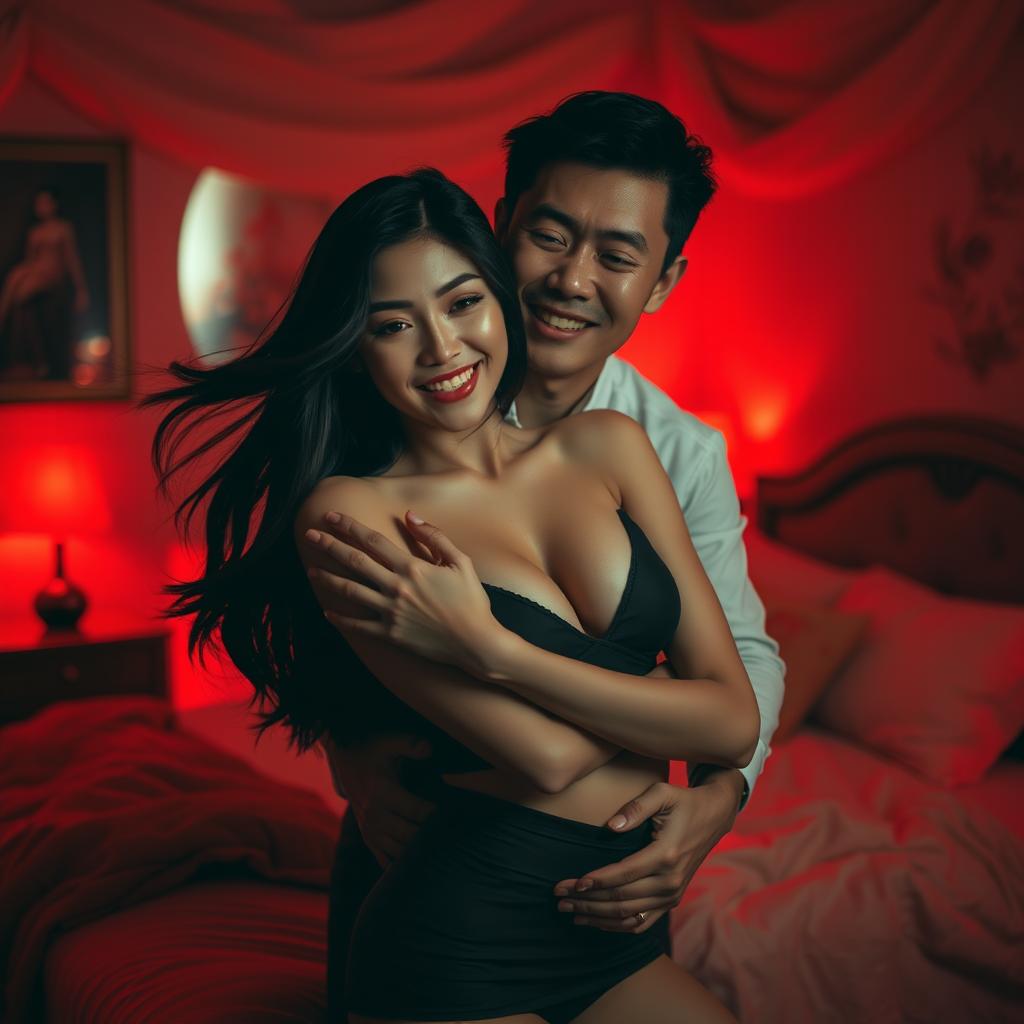 A romantic scene set in a cozy bedroom at night, featuring a Chinese man with gentle features and a warm smile, embracing a beautiful and attractive woman with flowing dark hair