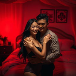A romantic scene set in a cozy bedroom at night, featuring a Chinese man with gentle features and a warm smile, embracing a beautiful and attractive woman with flowing dark hair