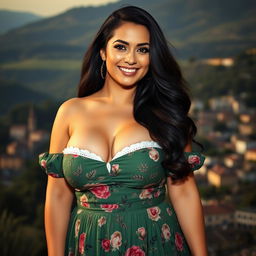 A curvy beautiful Italian woman with big breasts, her nipples slightly visible, wearing a sexy traditional dress that elegantly showcases her cleavage