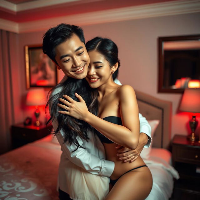 A romantic scene in a cozy bedroom at night, featuring a Chinese man with gentle features and a warm smile, embracing a beautiful and alluring woman with flowing dark hair