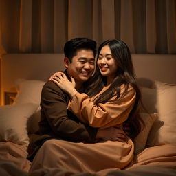 A cozy and romantic scene in a softly lit bedroom at night, featuring a Chinese man with a warm smile, gently hugging a beautiful woman with long hair