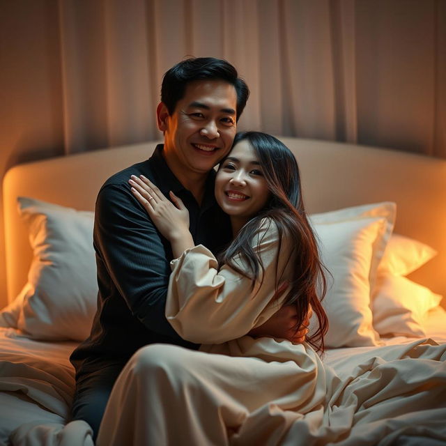 A cozy and romantic scene in a softly lit bedroom at night, featuring a Chinese man with a warm smile, gently hugging a beautiful woman with long hair