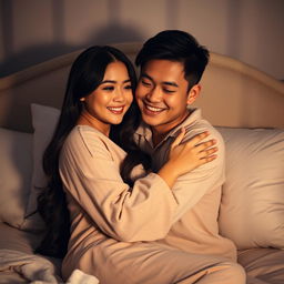 A cozy and romantic scene in a softly lit bedroom at night, featuring a Chinese man with a warm smile, gently hugging a beautiful woman with long hair