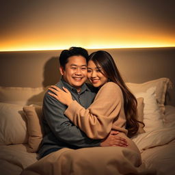 A cozy and romantic scene in a softly lit bedroom at night, featuring a Chinese man with a warm smile, gently hugging a beautiful woman with long hair