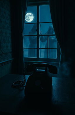 A terrifying scene depicting a random old-fashioned phone sitting ominously on a dark wooden table in a dimly lit room