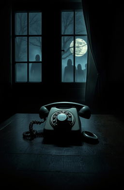 A terrifying scene depicting a random old-fashioned phone sitting ominously on a dark wooden table in a dimly lit room