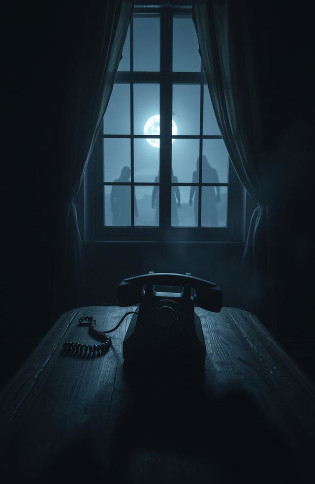 A terrifying scene depicting a random old-fashioned phone sitting ominously on a dark wooden table in a dimly lit room