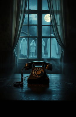 A terrifying scene depicting a random old-fashioned phone sitting ominously on a dark wooden table in a dimly lit room