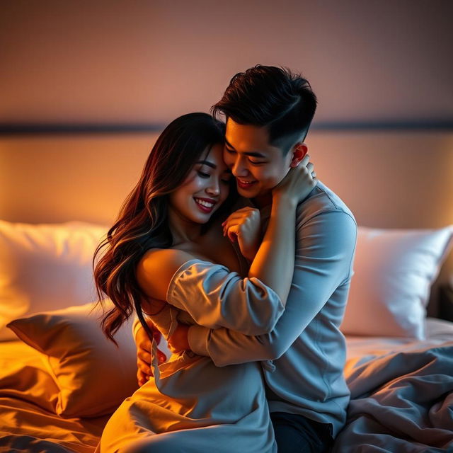 A romantic scene in a softly lit bedroom at night, depicting a Chinese man with a charming smile, tenderly hugging a beautiful and sexy woman with long, wavy hair