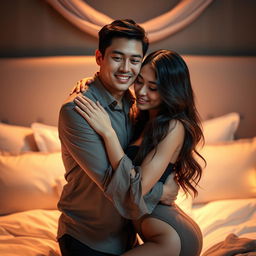 A romantic scene in a softly lit bedroom at night, depicting a Chinese man with a charming smile, tenderly hugging a beautiful and sexy woman with long, wavy hair