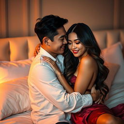 A romantic scene in a softly lit bedroom at night, depicting a Chinese man with a charming smile, tenderly hugging a beautiful and sexy woman with long, wavy hair