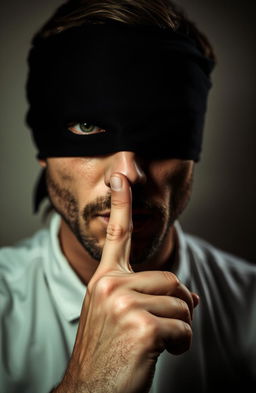 A man with his eyes blindfolded, holding a finger to his lips in a hush gesture, as if signaling someone to be quiet