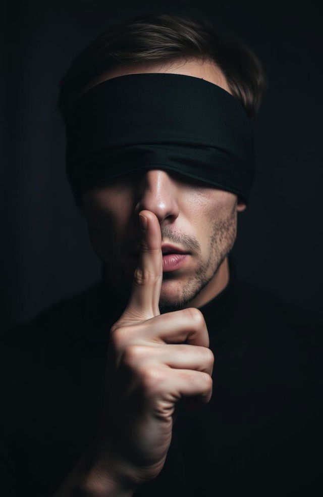 A man with his eyes blindfolded, holding a finger to his lips in a hush gesture, as if signaling someone to be quiet