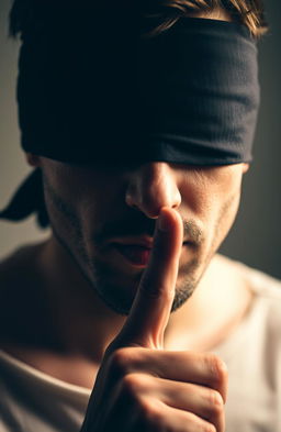 A man with his eyes blindfolded, holding a finger to his lips in a hush gesture, as if signaling someone to be quiet