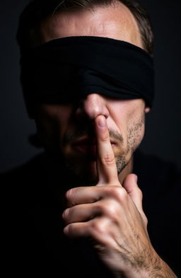 A man with his eyes blindfolded, holding a finger to his lips in a hush gesture, as if signaling someone to be quiet