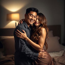 A romantic scene in a softly lit bedroom at night, featuring a Chinese man with a warm smile, embracing a beautiful and sexy woman with long, wavy hair