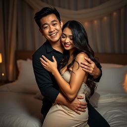 A romantic scene in a softly lit bedroom at night, featuring a Chinese man with a warm smile, embracing a beautiful and sexy woman with long, wavy hair